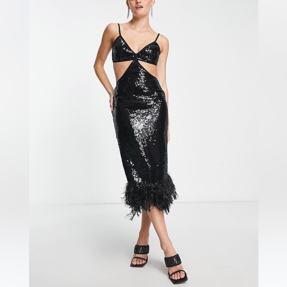 Sequin midi dress with feathers